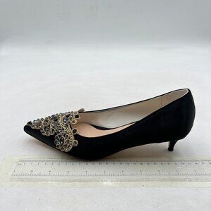 XYD Black Bejeweled Pointed Toe Kitten Low Heels Slip On Pumps Mother of Shoes